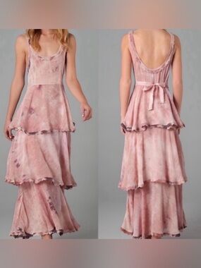Free People NEW ROMANTICS Rose Quartz Tiered BOHO Maxi Dress Tie Dye L
